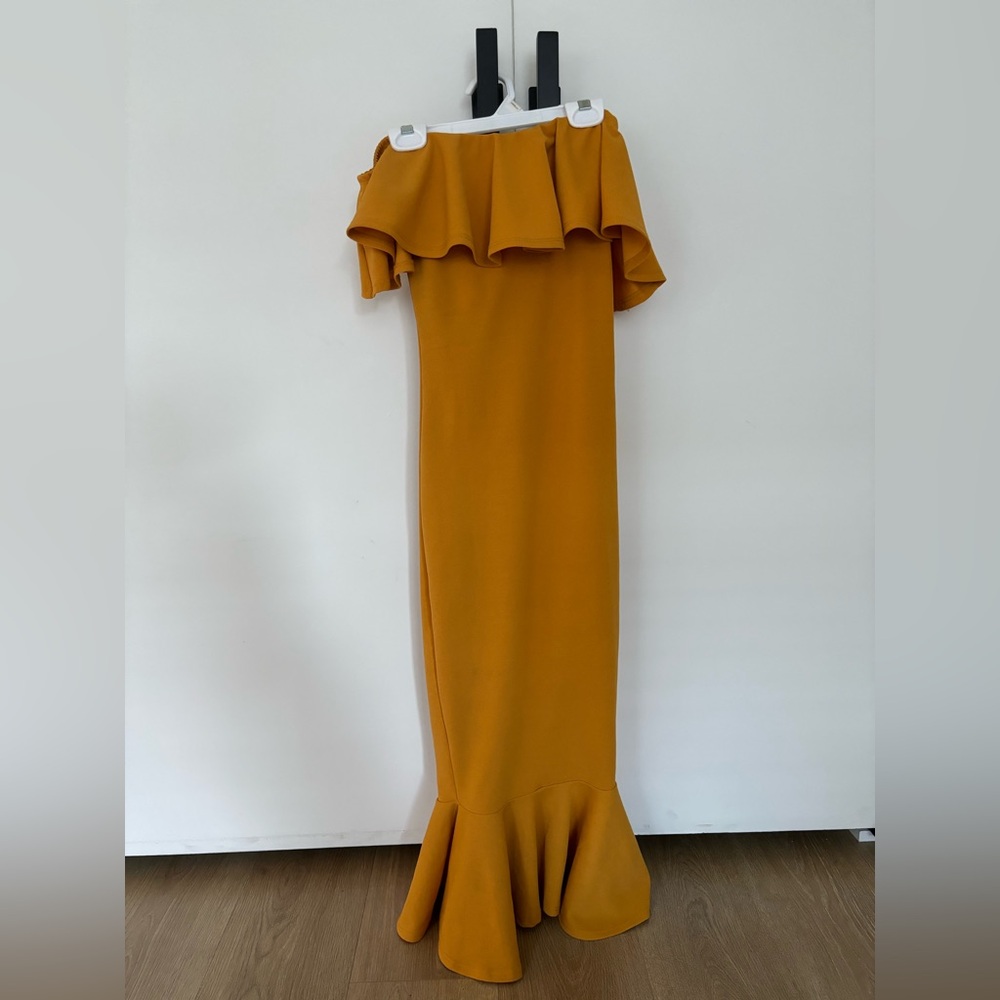 Off the shoulder mustard dress